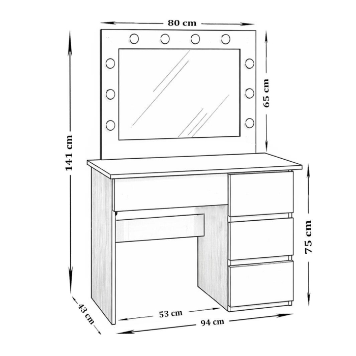 Masa de toaleta/machiaj, Irina, wenge + scaun Andria, negru, cu oglinda si LED-uri, 94x43x141 cm [7]