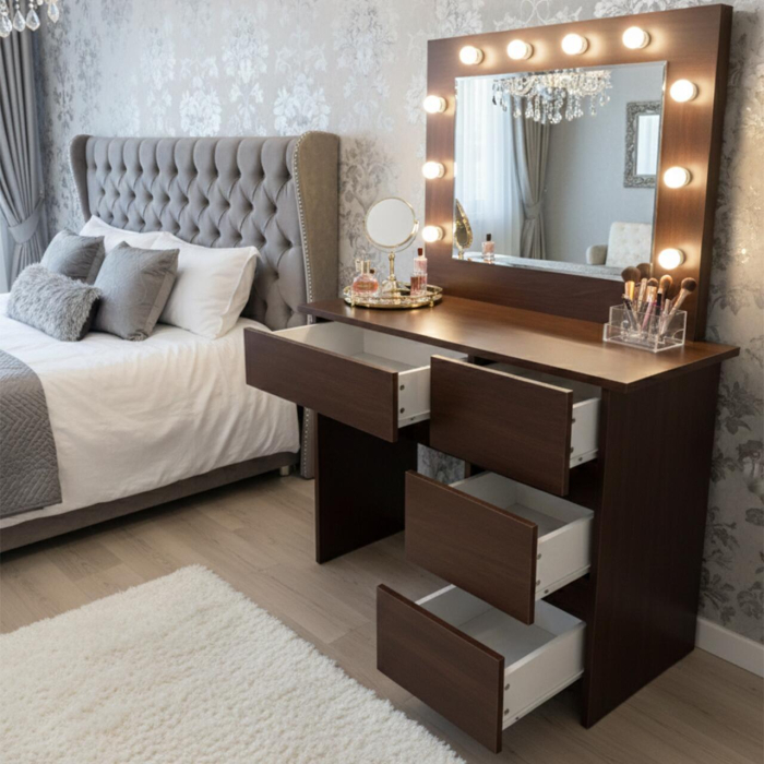 Masa de toaleta/machiaj, Irina, wenge + scaun Avola, negru, cu oglinda si LED-uri, 94x43x141 cm [9]