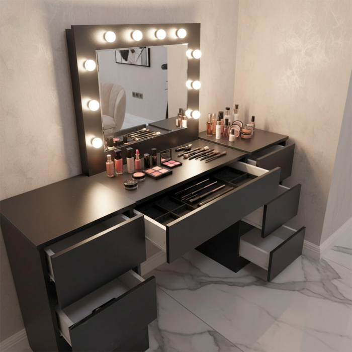 Masa de toaleta/machiaj, negru, cu oglinda si LED-uri, Antonia, 155x42x135 cm [3]