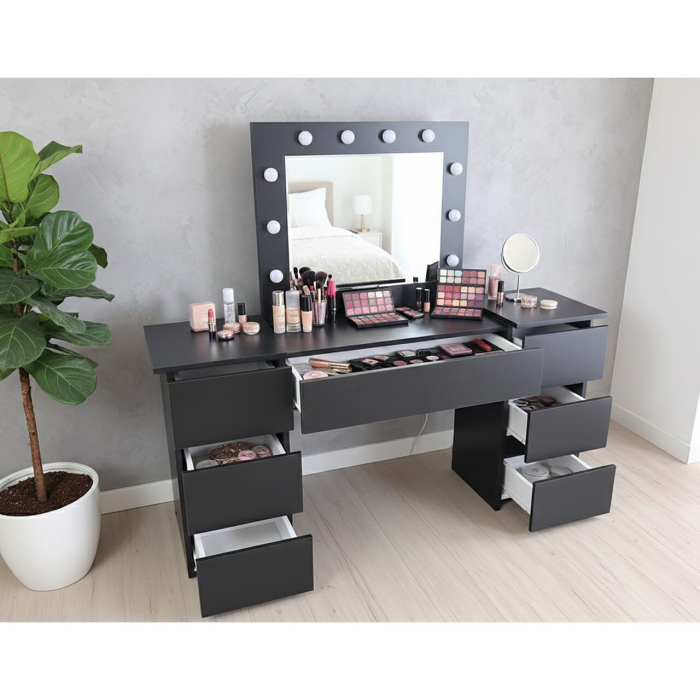 Masa de toaleta/machiaj, negru, cu oglinda si LED-uri, Antonia, 155x42x135 cm [2]