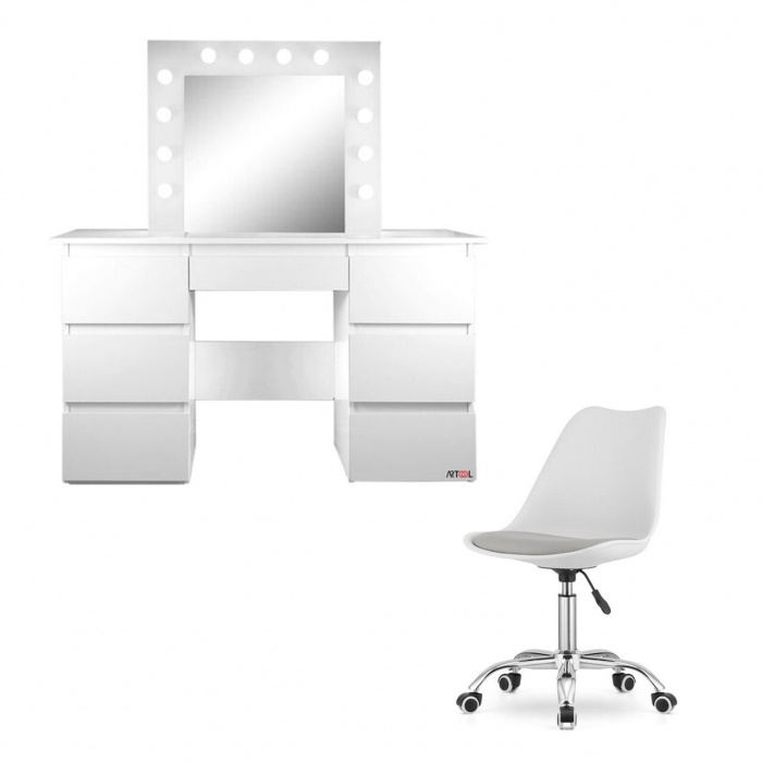 Masa de toaleta/machiaj + scaun Alba, alb, cu oglinda si LED-uri, Vanessa, 130x43x143 cm [1]
