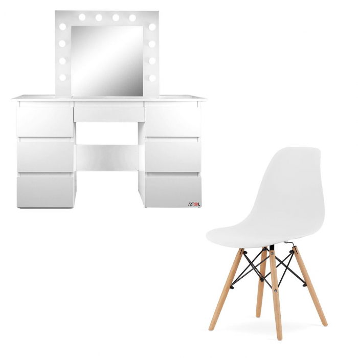 Masa de toaleta/machiaj + Scaun stil scandinav, alba, cu oglinda si LED-uri, Vanessa, 130x43x143 cm [1]