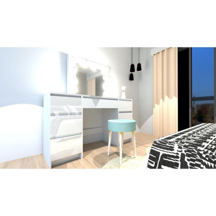 Masa de toaleta/machiaj + Scaun stil scandinav, alba, cu oglinda si LED-uri, Vanessa, 130x43x143 cm [10]