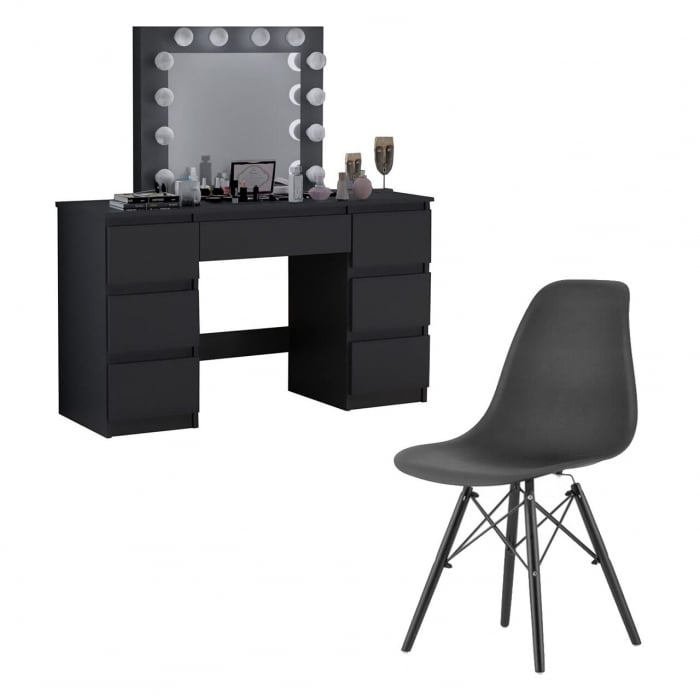 Masa de toaleta/machiaj + scaun stil scandinav, Artool, Vanessa, negru, cu oglinda si LED-uri, 130x43x143 cm [1]