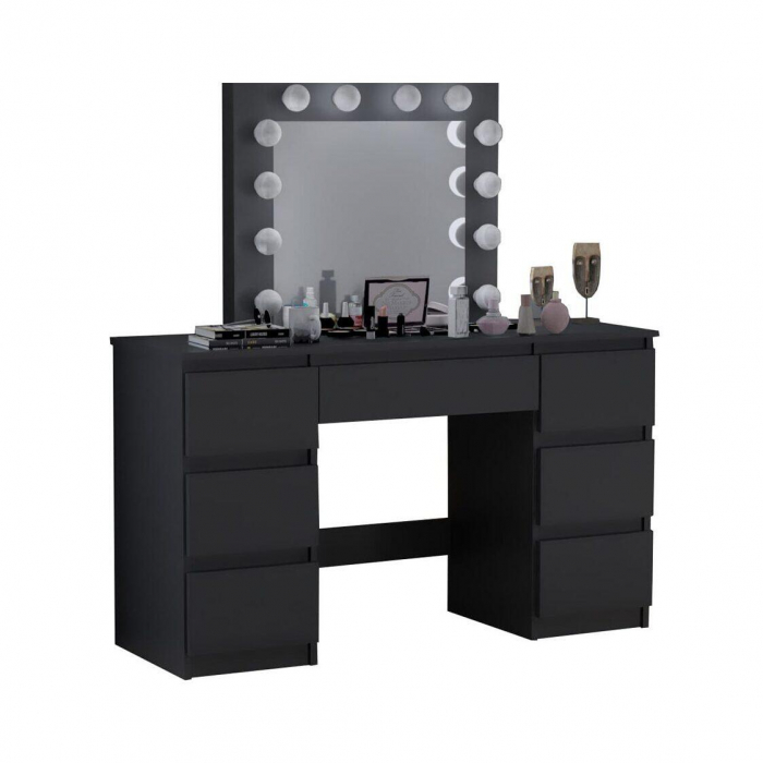 Masa de toaleta/machiaj + scaun stil scandinav, Artool, Vanessa, negru, cu oglinda si LED-uri, 130x43x143 cm [6]