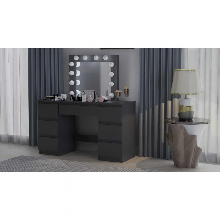 Masa de toaleta/machiaj + scaun stil scandinav, Artool, Vanessa, negru, cu oglinda si LED-uri, 130x43x143 cm [4]