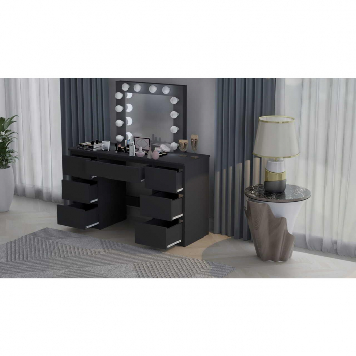 Masa de toaleta/machiaj + scaun stil scandinav, Artool, Vanessa, negru, cu oglinda si LED-uri, 130x43x143 cm [5]
