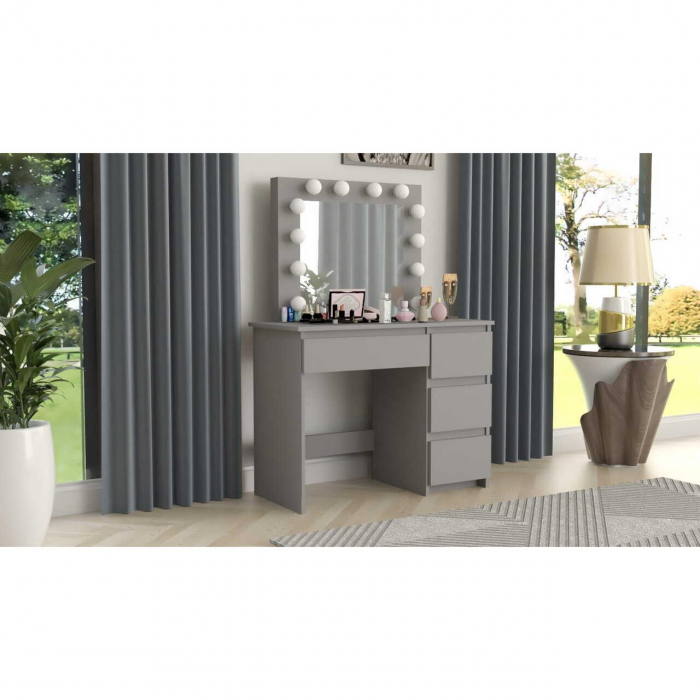 Masa de toaleta/machiaj + Scaun stil scandinav, gri, cu oglinda si LED-uri, 94x43x141 cm [13]