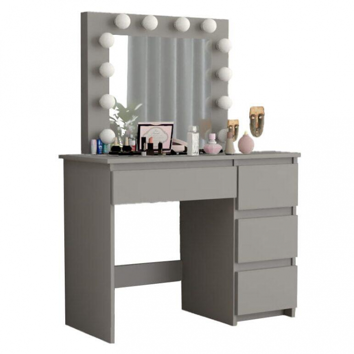 Masa de toaleta/machiaj + Scaun stil scandinav, gri, cu oglinda si LED-uri, 94x43x141 cm [6]
