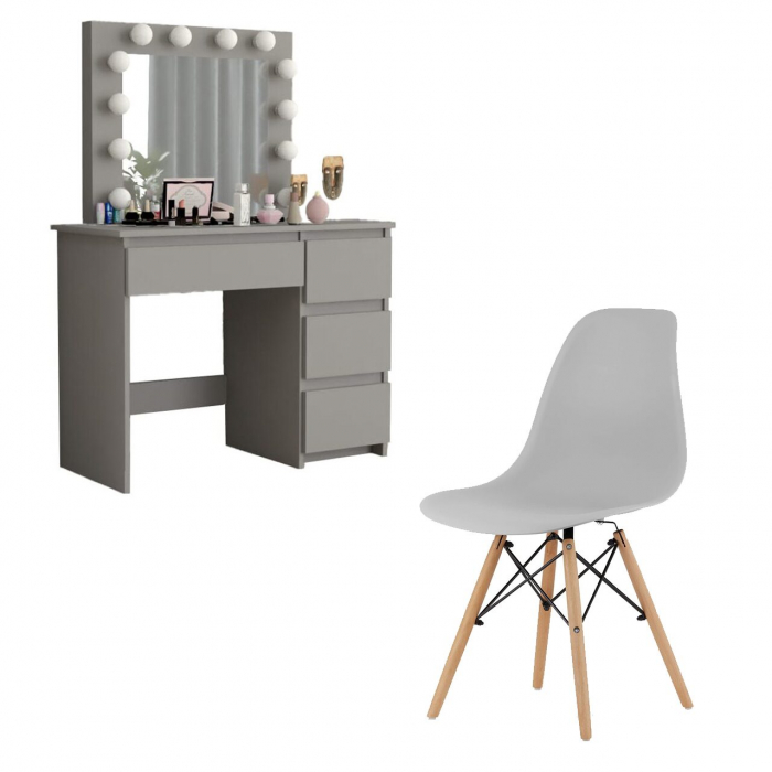 Masa de toaleta/machiaj + Scaun stil scandinav, gri, cu oglinda si LED-uri, 94x43x141 cm [1]