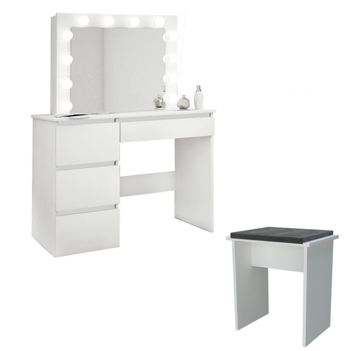 Masa de toaleta/machiaj + Taburet, alba, cu oglinda si LED-uri, Irina, 94x43x141 cm [1]