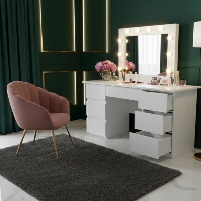 Masa de toaleta/machiaj, Vanessa, alba + scaun Lago, negru, cu oglinda si LED-uri, 130x43x143 cm [13]