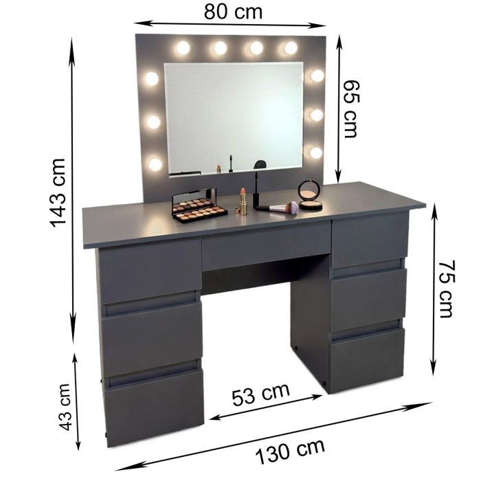 Masa de toaleta/machiaj, Vanessa, antracit, cu oglinda si LED-uri, 130x43x143 cm [4]