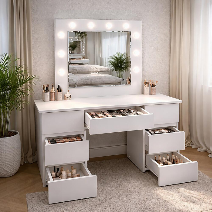 Masa de toaleta/machiaj, Vanessa, gri deschis, cu oglinda si LED-uri, 130x43x143 cm [2]