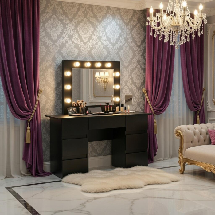 Masa de toaleta/machiaj, Vanessa, negru, cu oglinda si LED-uri, 130x43x143 cm [3]