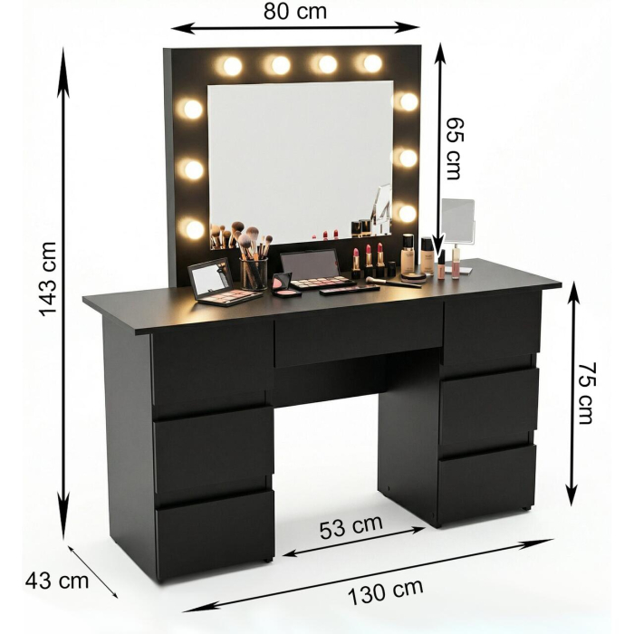 Masa de toaleta/machiaj, Vanessa, negru, cu oglinda si LED-uri, 130x43x143 cm [5]