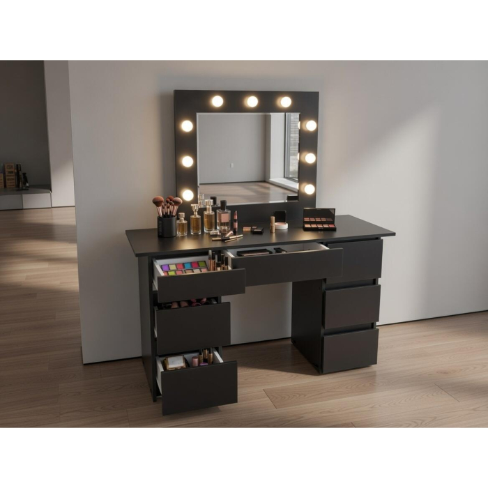 Masa de toaleta/machiaj, Vanessa, negru, cu oglinda si LED-uri, 130x43x143 cm [4]
