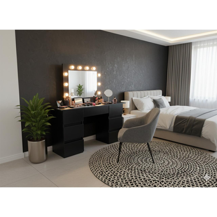 Masa de toaleta/machiaj, Vanessa, negru, cu oglinda si LED-uri, 130x43x143 cm [2]