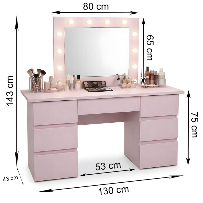 Masa de toaleta/machiaj, Vanessa, roz, cu oglinda si LED-uri, 130x43x143 cm [4]