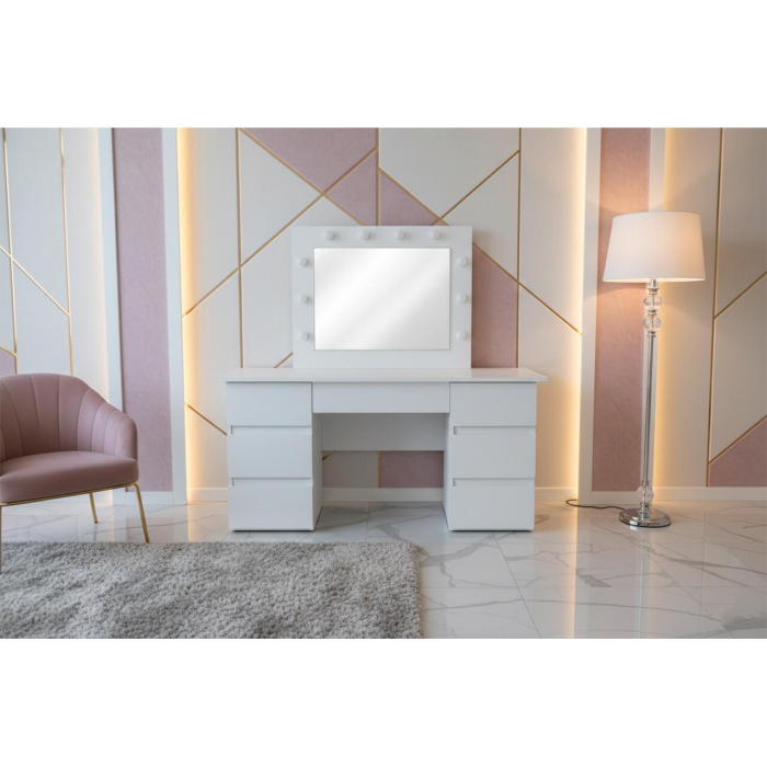 Masa de toaleta/machiaj, Vanessa + scaun Lago, alb, cu oglinda si LED-uri, 130x43x143 cm [9]