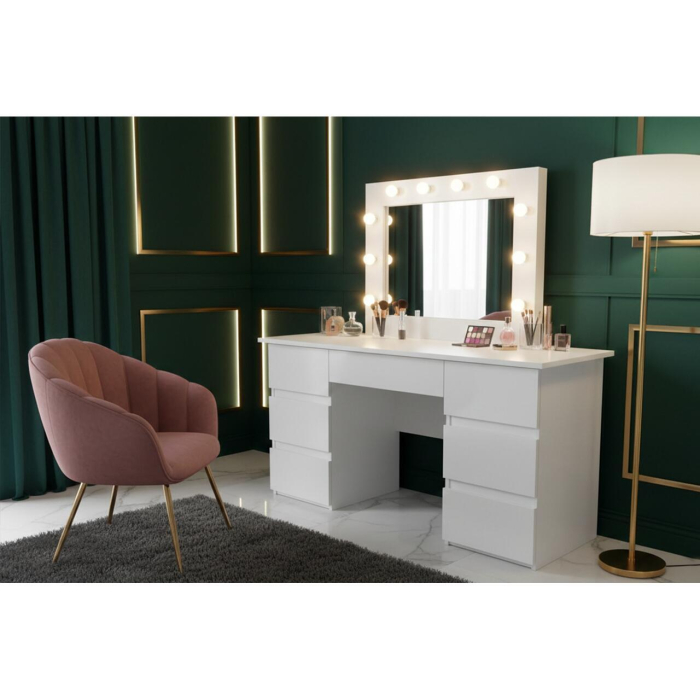 Masa de toaleta/machiaj, Vanessa + taburet, alb, cu oglinda si LED-uri, 130x43x143 cm [6]