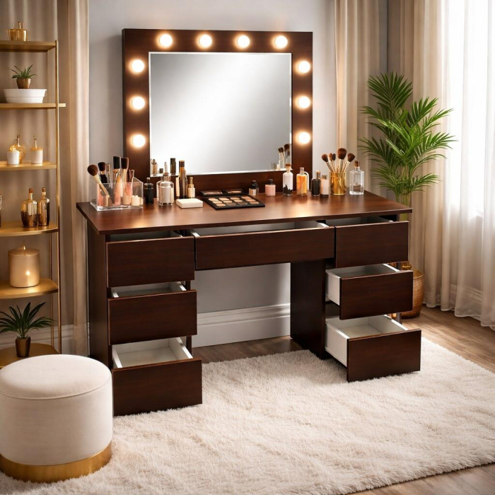 Masa de toaleta/machiaj, Vanessa, wenge, cu oglinda si LED-uri, 130x43x143 cm [2]