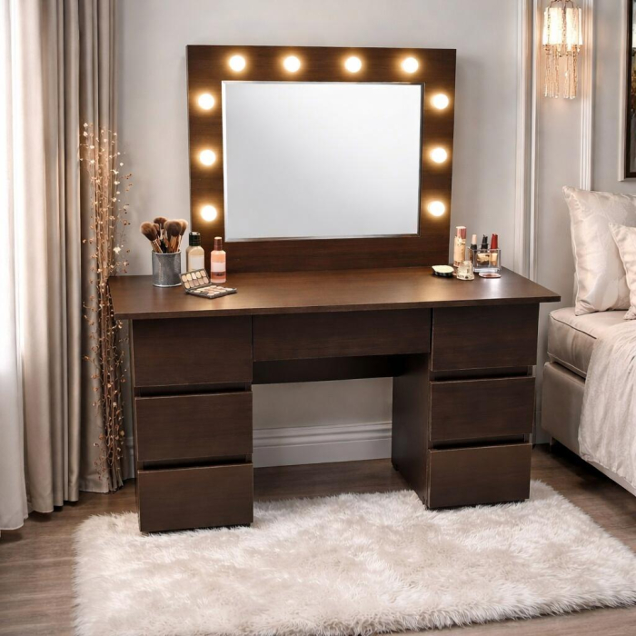 Masa de toaleta/machiaj, Vanessa, wenge, cu oglinda si LED-uri, 130x43x143 cm [4]