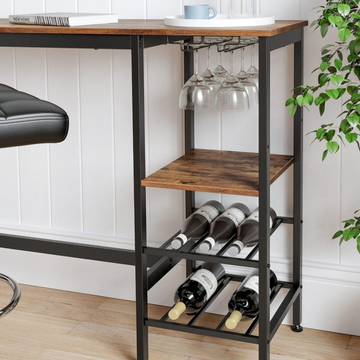Masa pentru bucatarie/living/bar, Artool, inalta, pal, otel, cu suport pahare si sticle, 3 rafturi, maro rustic, 110x40x90 cm [3]