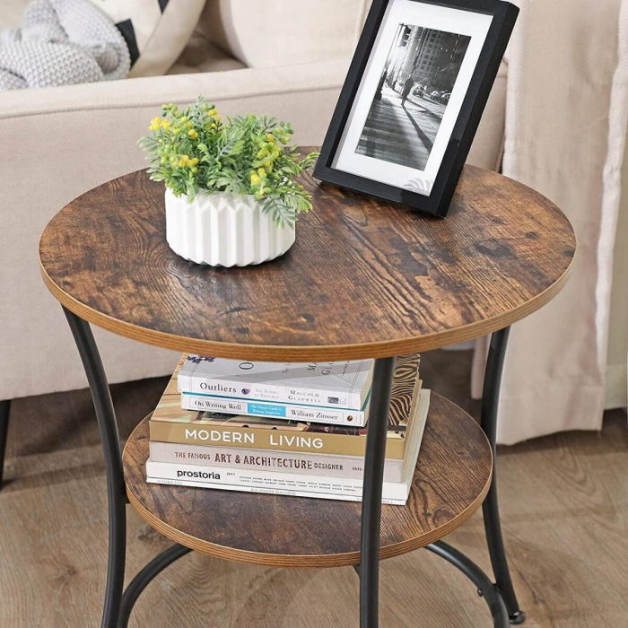 Masa pentru sufragerie/living, Artool, rotunda, pal, metal, cu raft depozitare, maro rustic si negru, 55x55 cm [7]