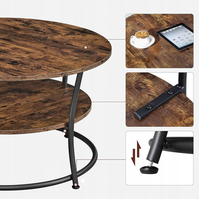 Masa pentru sufragerie/living, Artool, rotunda, pal, metal, cu raft depozitare, maro rustic si negru, 80x45 cm [4]