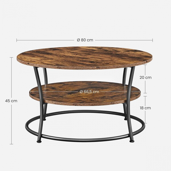 Masa pentru sufragerie/living, Artool, rotunda, pal, metal, cu raft depozitare, maro rustic si negru, 80x45 cm [5]