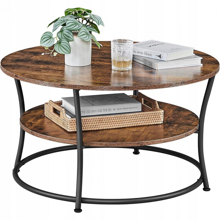 Masa pentru sufragerie/living, Artool, rotunda, pal, metal, cu raft depozitare, maro rustic si negru, 80x45 cm [7]