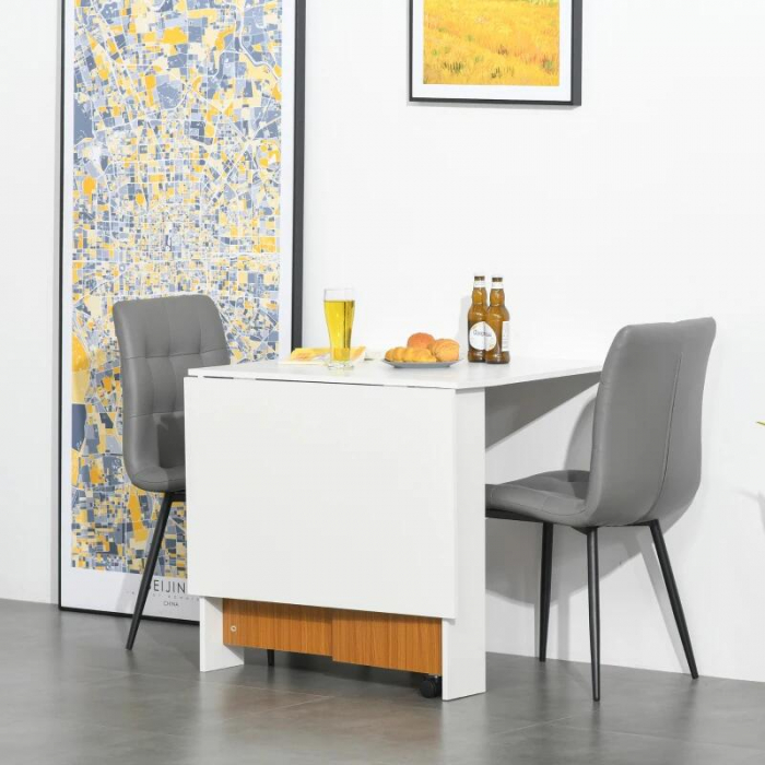 Masa pentru sufragerie/living, pe roti, extensibila, pal, alb si natur, 15-120x80x73 cm [2]