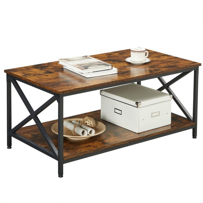 Masuta cafea, Artool, cu raft depozitare, dreptunghiulara, pal si otel, maro rustic, 100x55x45 cm [2]