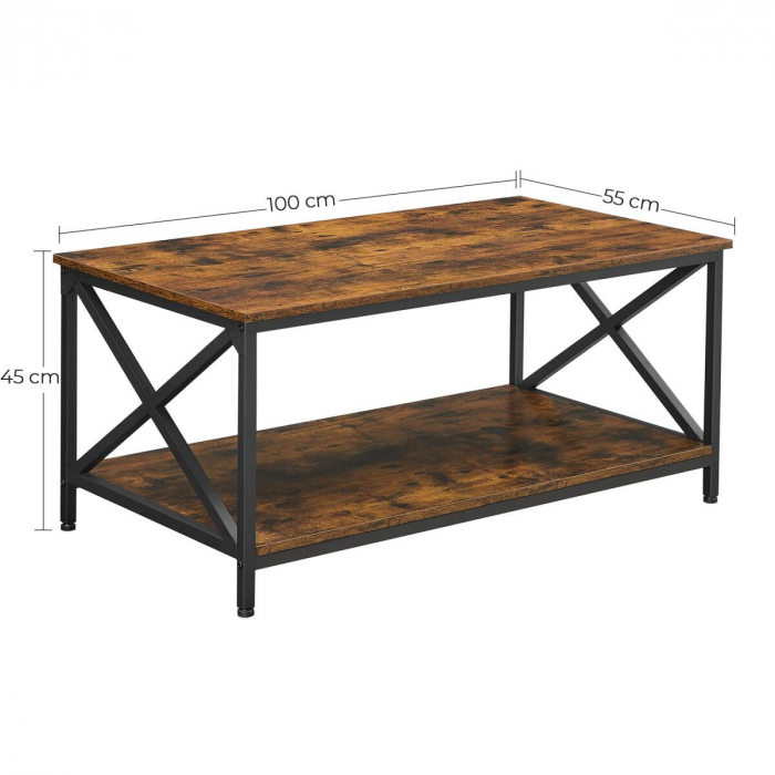 Masuta cafea, Artool, cu raft depozitare, dreptunghiulara, pal si otel, maro rustic, 100x55x45 cm [5]