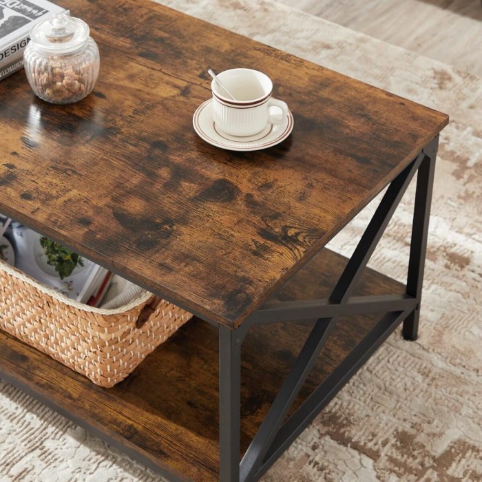 Masuta cafea, Artool, cu raft depozitare, dreptunghiulara, pal si otel, maro rustic, 100x55x45 cm [6]