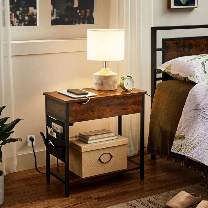 Noptiera/masa laterala, Artool, pal si otel, cu compartiment interior, buzunare depozitare, priza, USB, maro rustic, 60x31.5x60 cm [4]