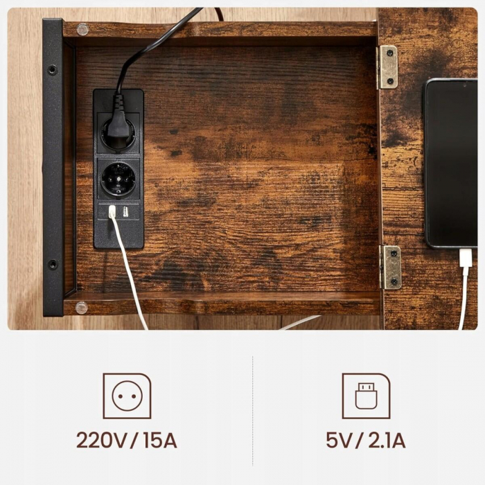 Noptiera/masa laterala, Artool, pal si otel, cu compartiment interior, buzunare depozitare, priza, USB, maro rustic, 60x31.5x60 cm [8]