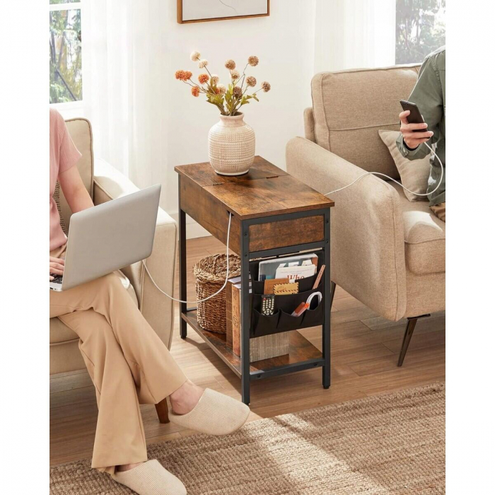 Noptiera/masa laterala, Artool, pal si otel, cu compartiment interior, buzunare depozitare, priza, USB, maro rustic, 60x31.5x60 cm [3]