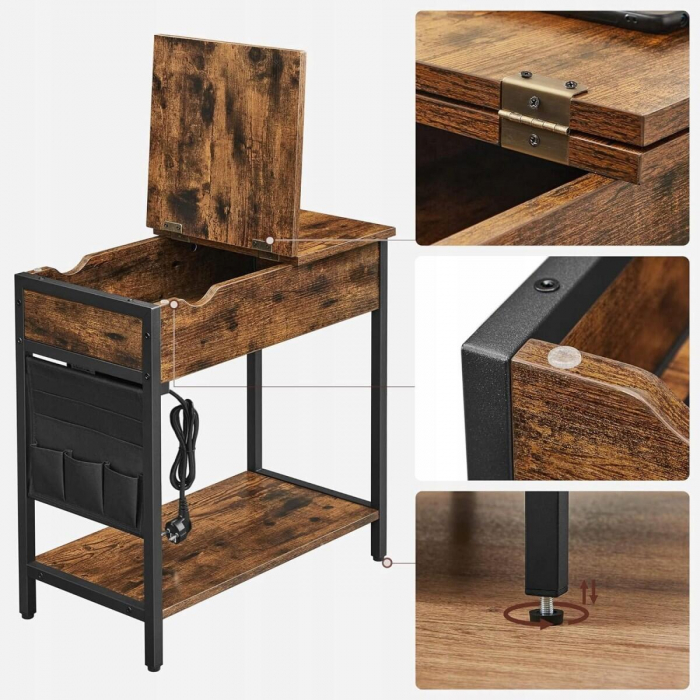Noptiera/masa laterala, Artool, pal si otel, cu compartiment interior, buzunare depozitare, priza, USB, maro rustic, 60x31.5x60 cm [5]