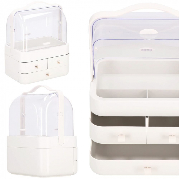 Organizator cosmetice, plastic, 3 niveluri, 3 sertare, alb, 29.8x20.4x39.5 cm, Springos [3]