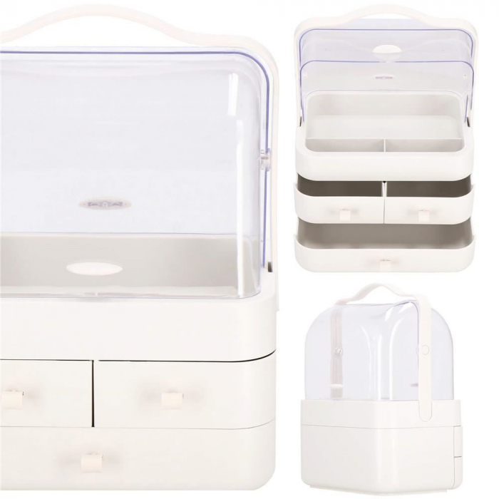 Organizator cosmetice, plastic, 3 niveluri, 3 sertare, alb, 29.8x20.4x39.5 cm, Springos [4]