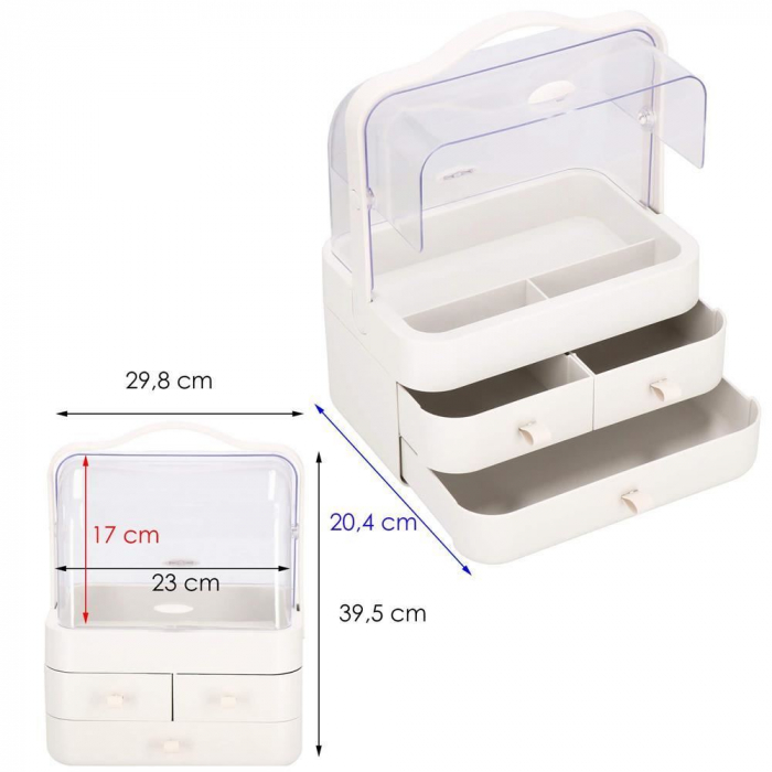 Organizator cosmetice, plastic, 3 niveluri, 3 sertare, alb, 29.8x20.4x39.5 cm, Springos [17]