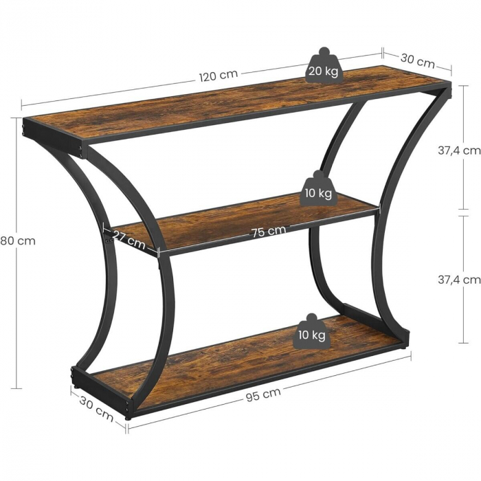Raft depozitare, Artool, pal, otel, 3 polite, maro rustic si negru, max 30 kg, 120x30x80 cm [8]