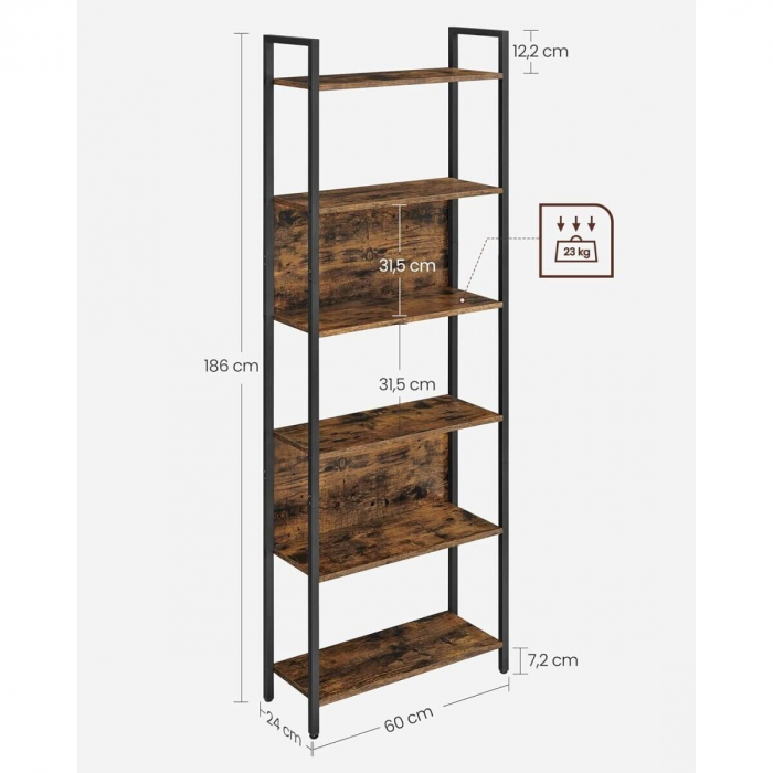 Raft depozitare, Artool, pal, otel, 6 polite, maro rustic si negru, max 23 kg, 60x24x186 cm [9]