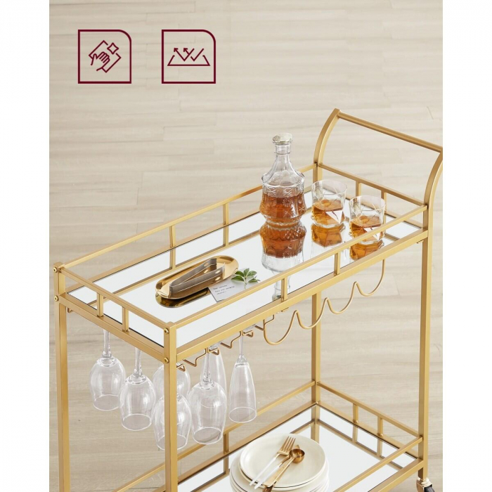 Raft mobil pentru bucatarie, Artool, pe roti, otel, sticla, cu suport pahare si sticle, auriu, 86x38x90 cm [5]