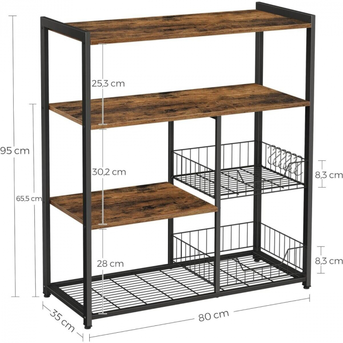 Raft pentru bucatarie, Artool, pal, otel, 4 polite, cu compartimente pentru farfurii, negru si maro rustic, 80x35x95 cm [6]