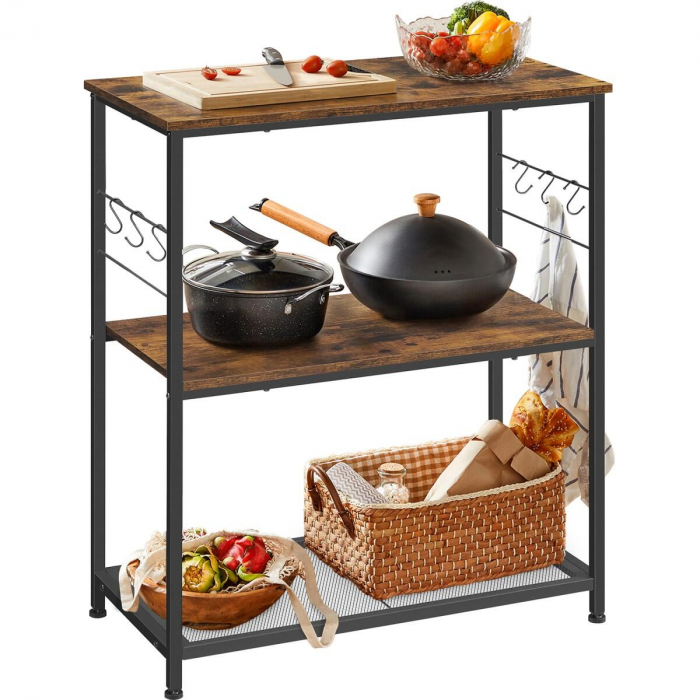 Raft pentru bucatarie, Artool, pal, otel, cu carlige, 2 polite, maro rustic si negru, 80x40x90 cm [11]