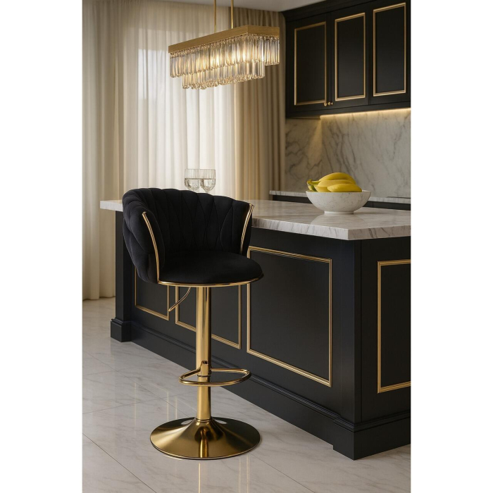 Scaun de bucatarie/bar, Artool, Mig, rotativ, catifea neagra, picior metal auriu, 51x50x84-105 cm [10]