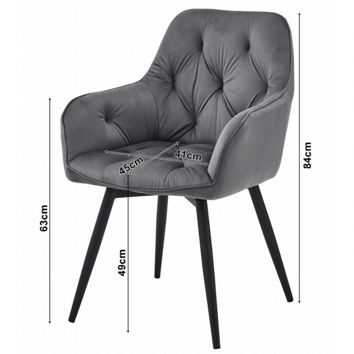 Scaun stil fotoliu bucatarie/living, Artool, York, rotativ, catifea, metal, gri argintiu si negru, 56x61x84 cm [7]